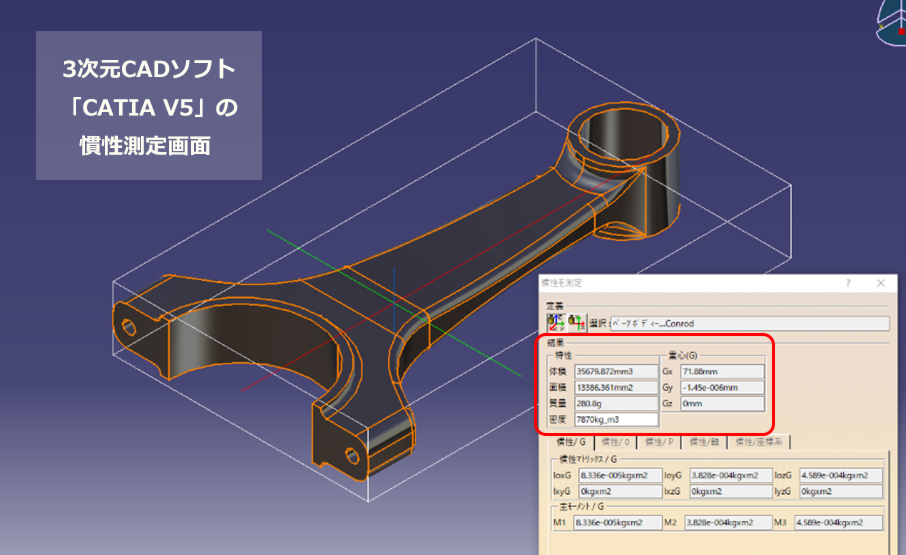 「CATIA V5」の慣性測定画面