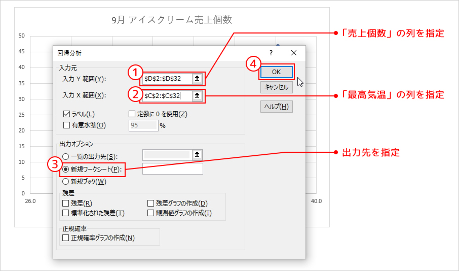 ダイアログボックスでデータ範囲と出力場所を設定