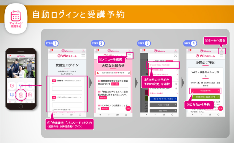 マイページ表示と受講予約の流れ