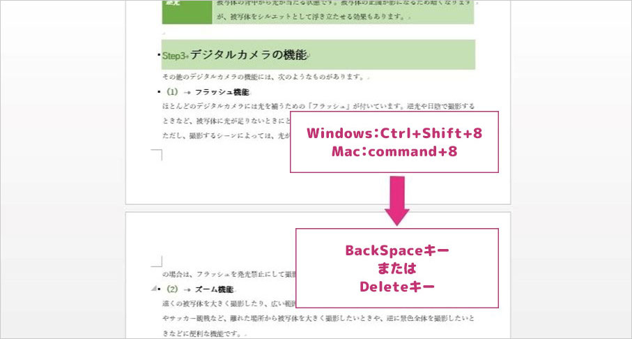 BackSpaceキーまたはDeleteキーで削除