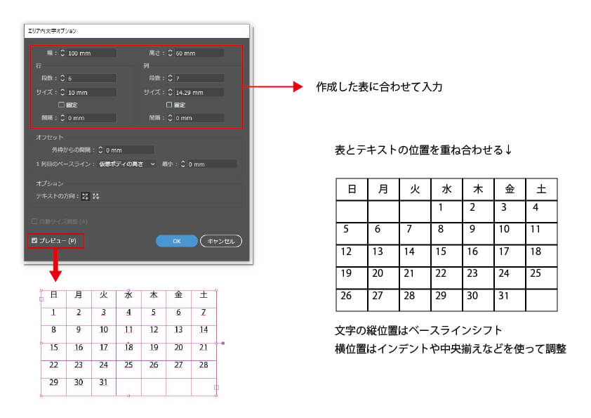 エリア内文字オプションでテキストを配置