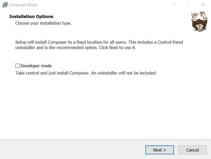 下記の「Installation Options」画面が表示されます。ここでは「Developer mode」にチェックを行わずに「Next」ボタンをクリックしてください